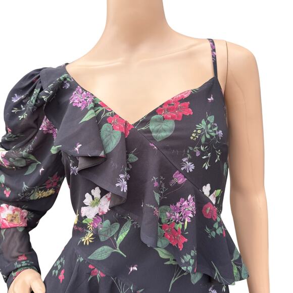 AMUR Pasqualena Dress Size 6 Floral Asymmetric Ruffle Puff Sleeve Midi Backless - Picture 5 of 11